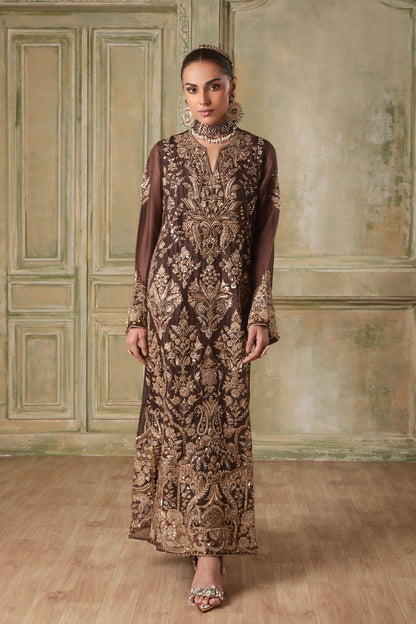 Zar:Rang Brown Heavy Jaal Kaftan Set