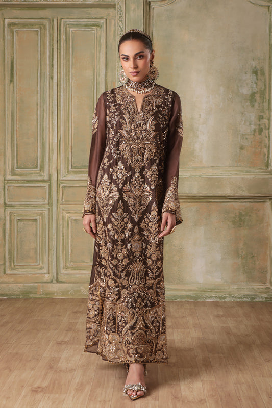 Zar:Rang Brown Heavy Jaal Kaftan Set