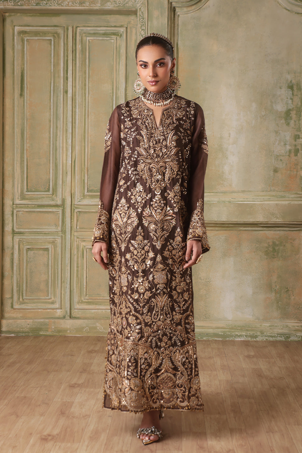 Zar:Rang Brown Heavy Jaal Kaftan Set