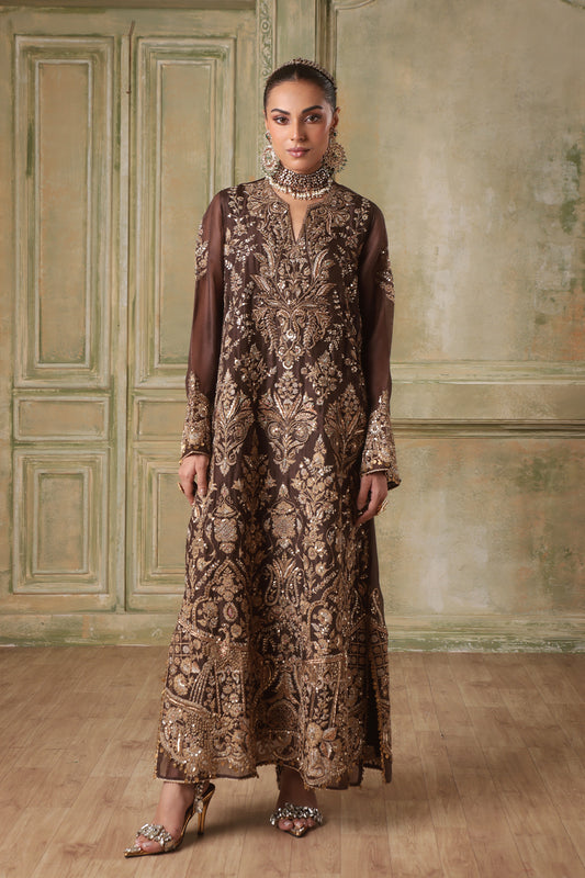 Zar:Rang Brown Heavy Jaal Kaftan Set