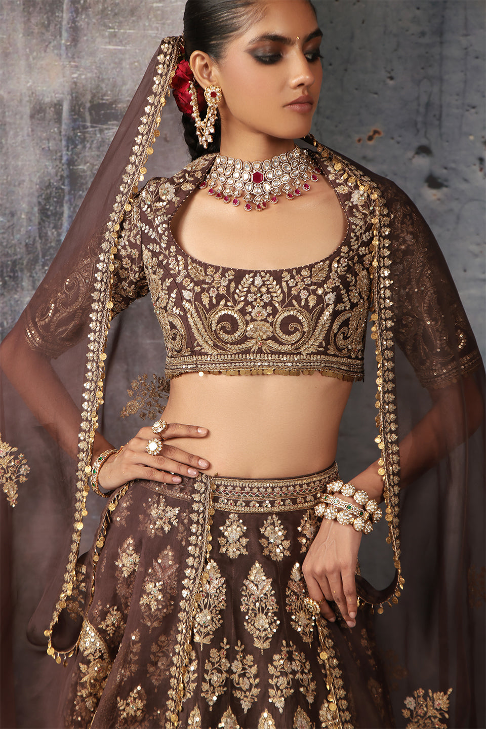 Zar:Rang Brown Jaal Lehenga Set