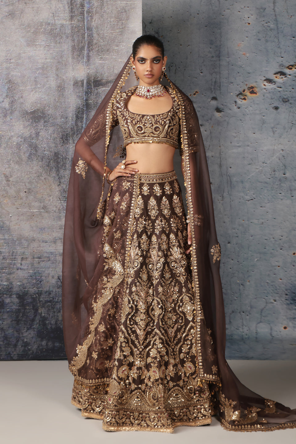Zar:Rang Brown Jaal Lehenga Set