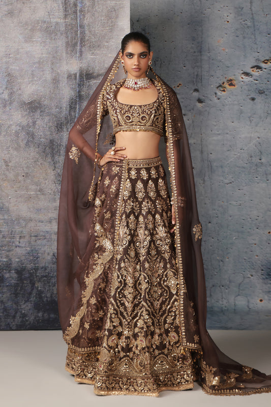 Zar:Rang Brown Jaal Lehenga Set