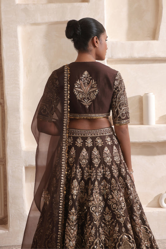 Zar:Rang Brown Jaal Lehenga Set