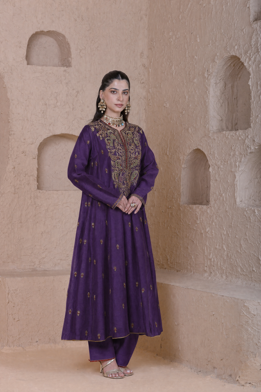 Rangrez Purple Long Pheran Kurta Set