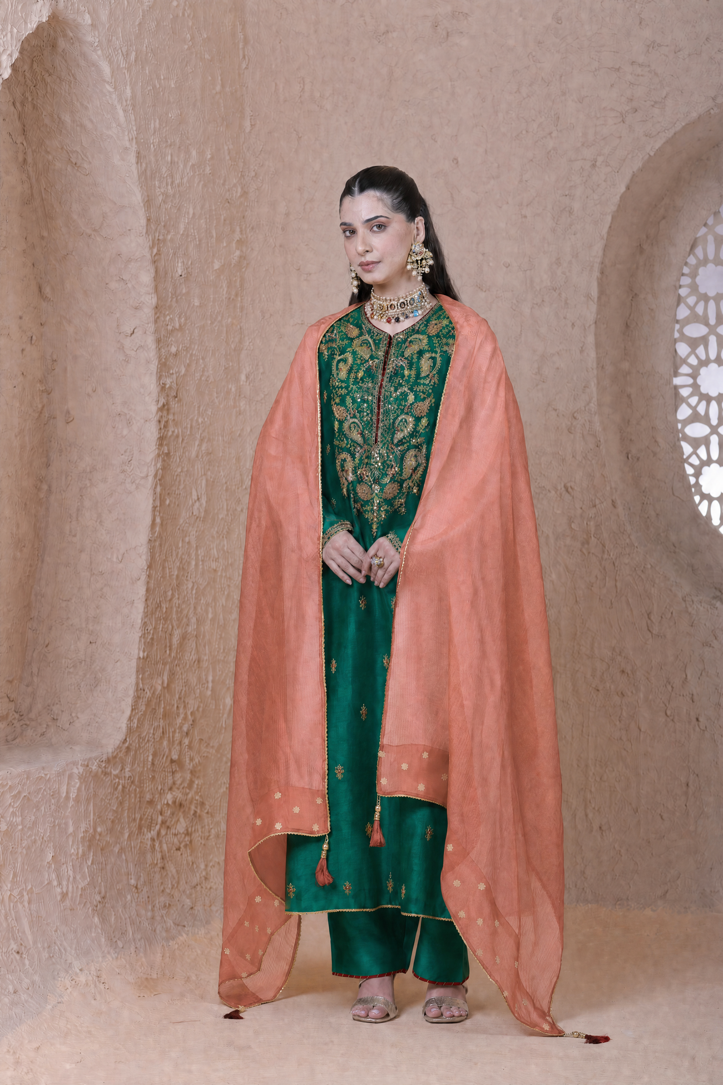 Rangrez  Green Long Pheran Kurta Set