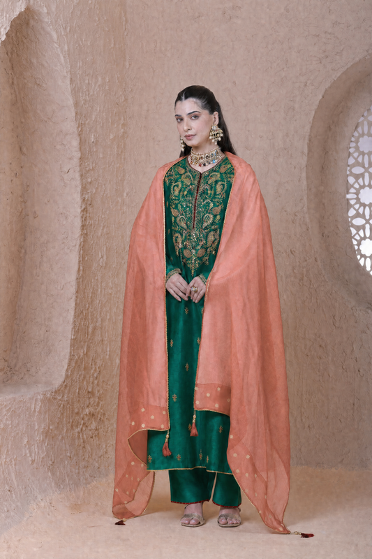 Rangrez  Green Long Pheran Kurta Set