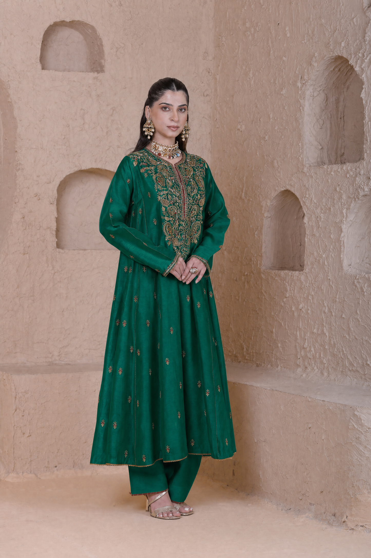 Rangrez  Green Long Pheran Kurta Set