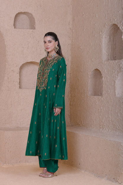 Rangrez  Green Long Pheran Kurta Set