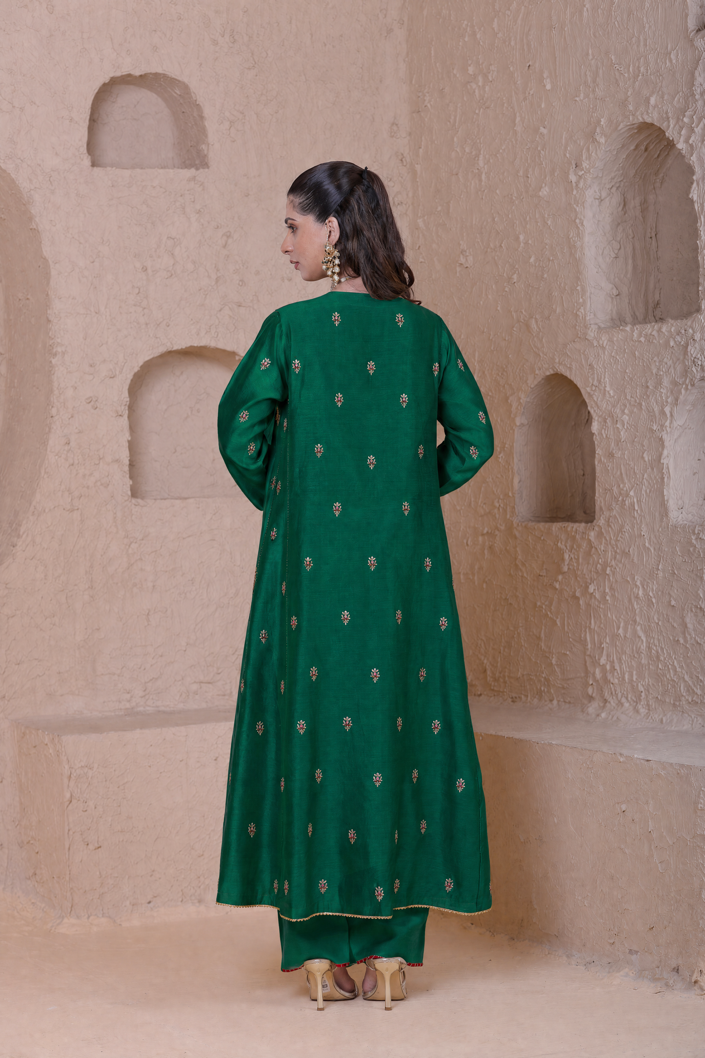 Rangrez  Green Long Pheran Kurta Set