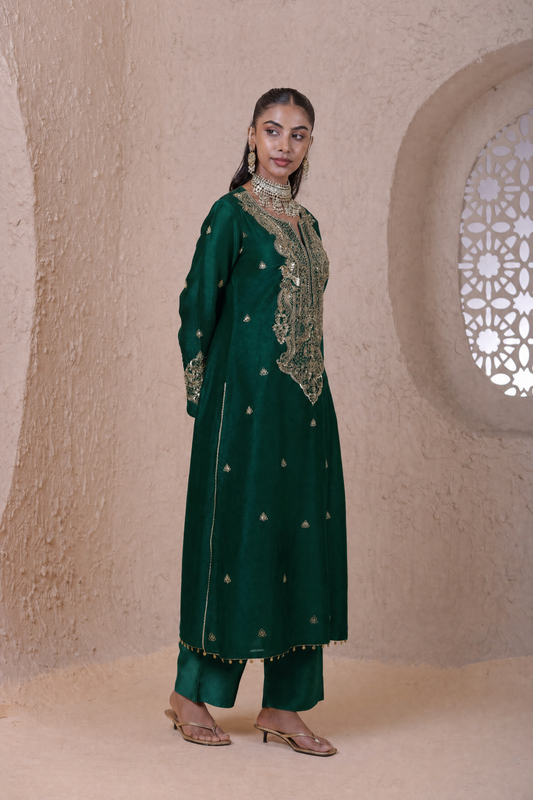 Rangrez  Green Aari Dori Long Kurta Set