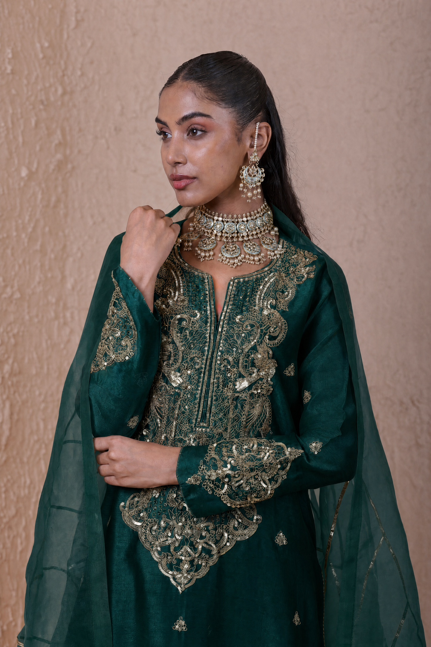 Rangrez  Green Aari Dori Long Kurta Set