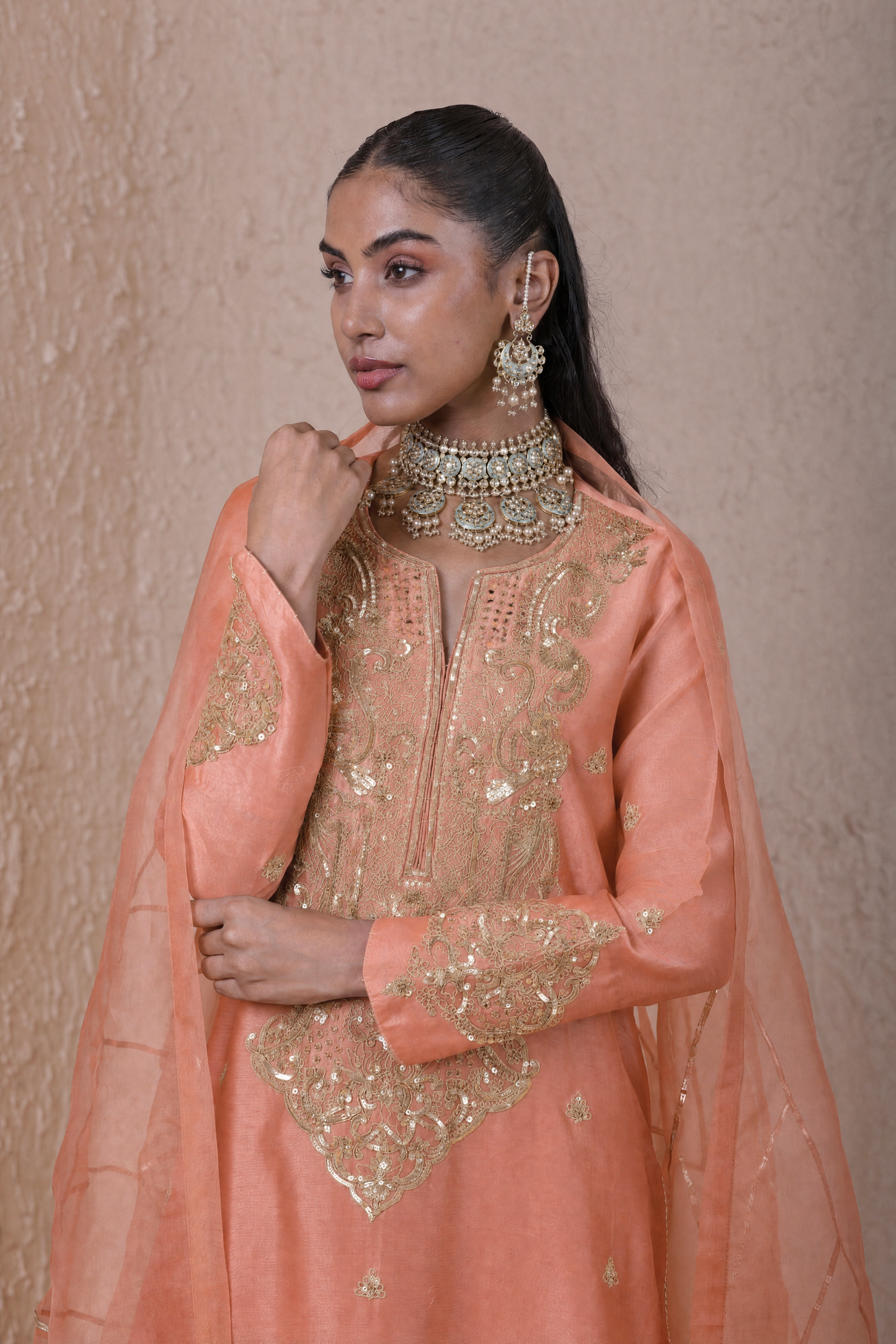 Rangrez Peach Aari Dori Long Kurta Set
