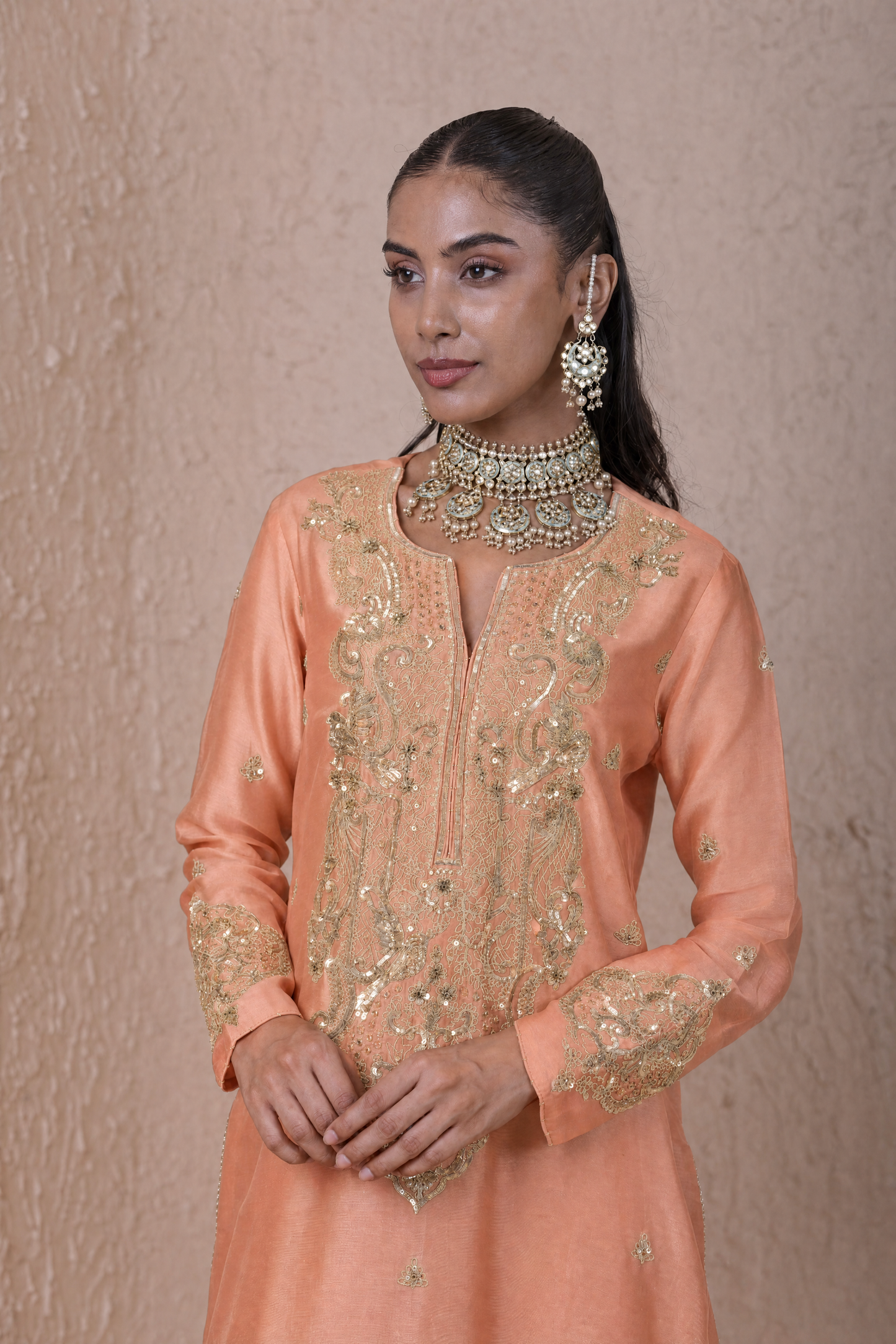 Rangrez Peach Aari Dori Long Kurta Set