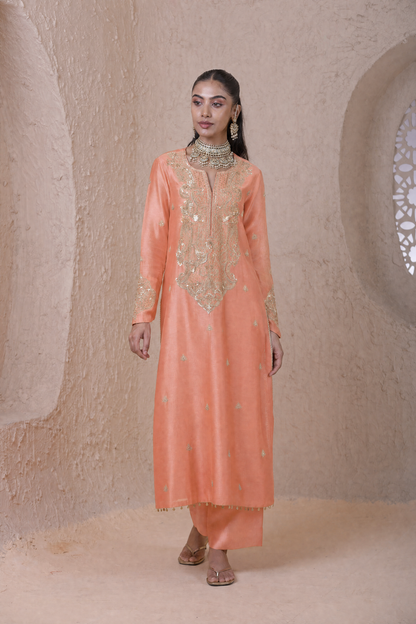 Rangrez Peach Aari Dori Long Kurta Set