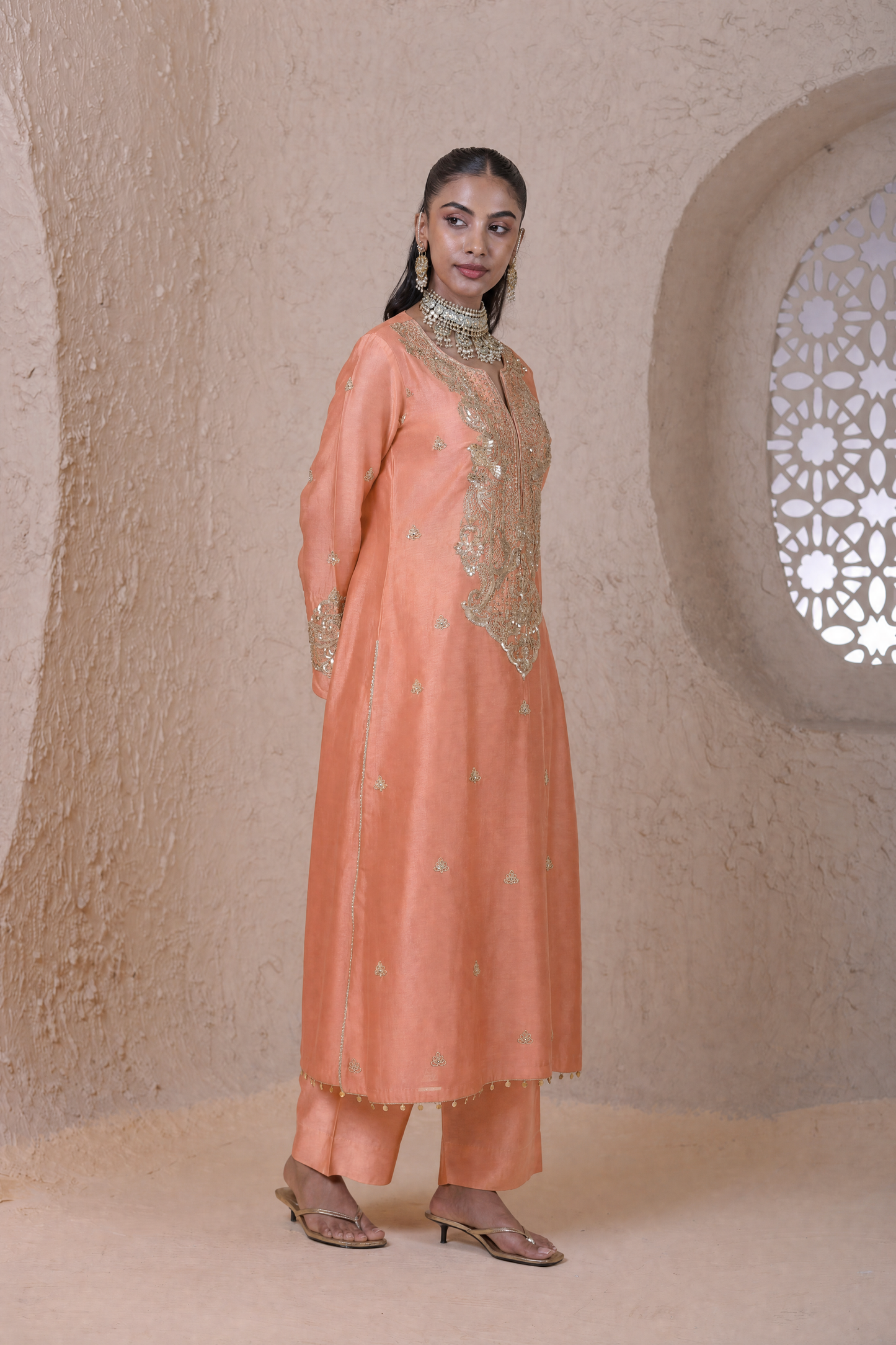 Rangrez Peach Aari Dori Long Kurta Set