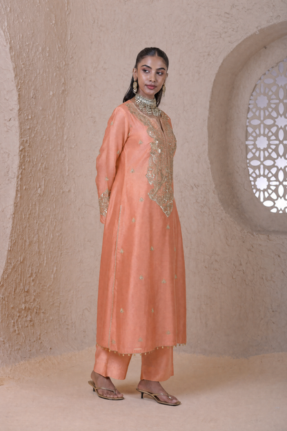 Rangrez Peach Aari Dori Long Kurta Set