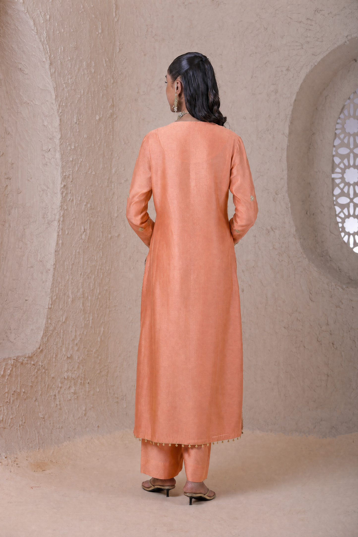 Rangrez Peach Aari Dori Long Kurta Set