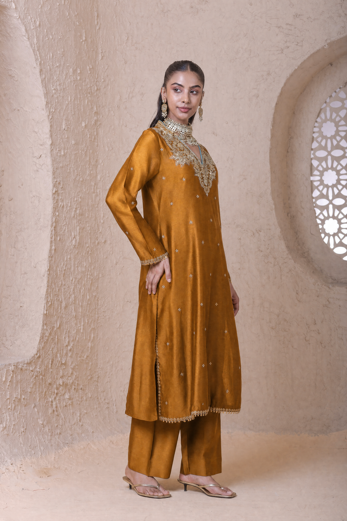 Rangrez Mustard V neck Long Kurta Set
