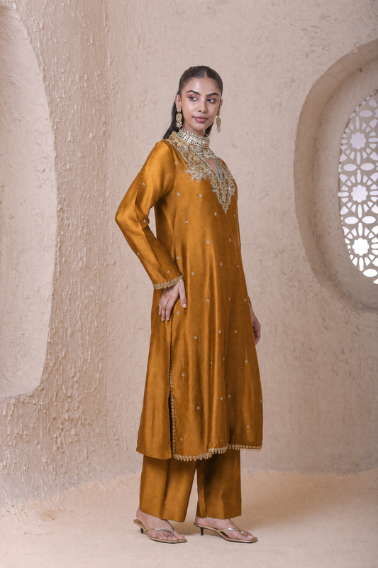 Rangrez Mustard V neck Long Kurta Set