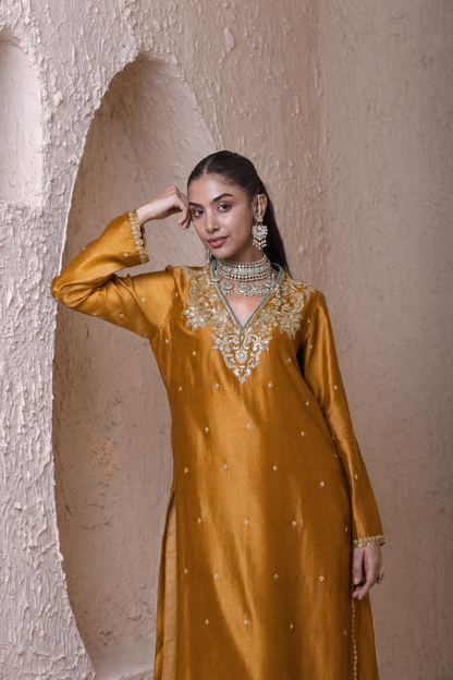 Rangrez Mustard V neck Long Kurta Set