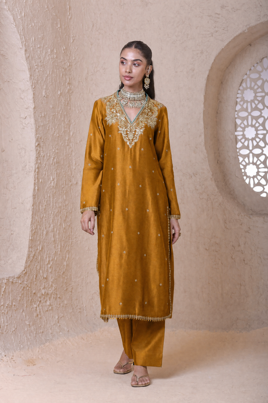 Rangrez Mustard V neck Long Kurta Set