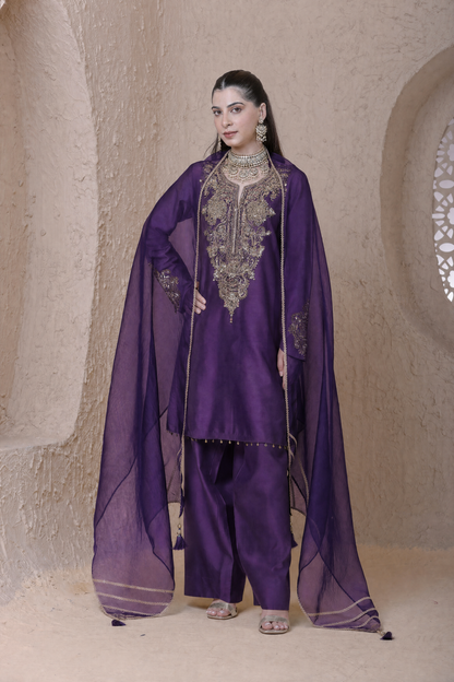 Rangrez Purple Aari dori Short Kurta Set