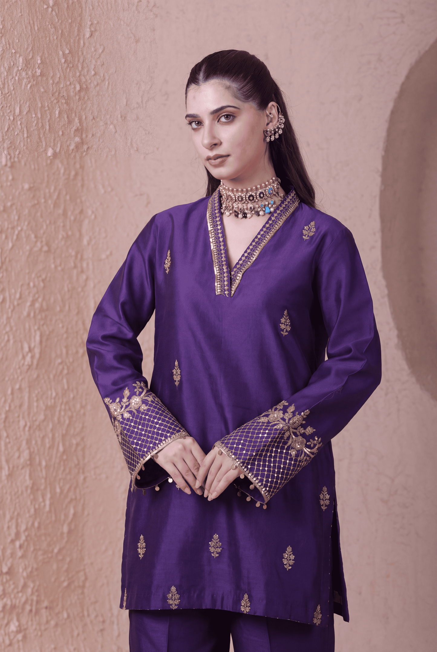 Rangrez  Purple V Neck Short Kurta Set