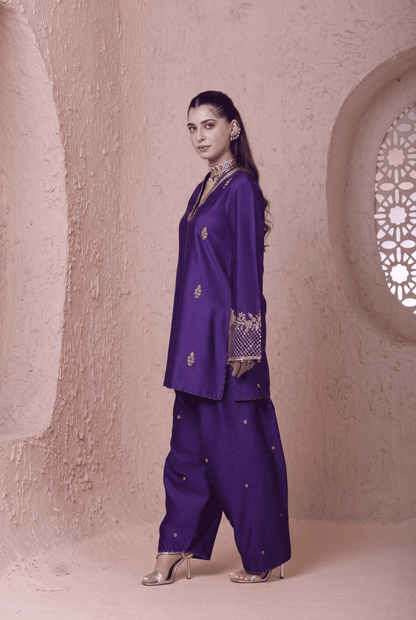 Rangrez  Purple V Neck Short Kurta Set