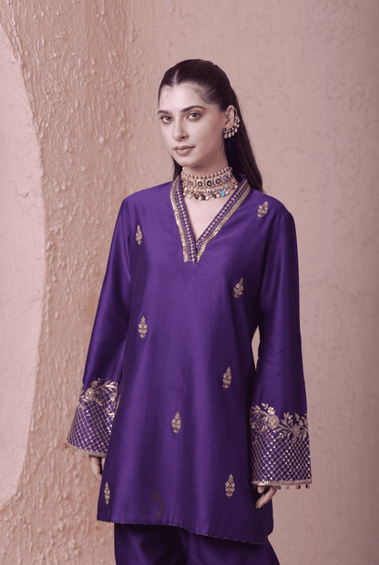 Rangrez  Purple V Neck Short Kurta Set