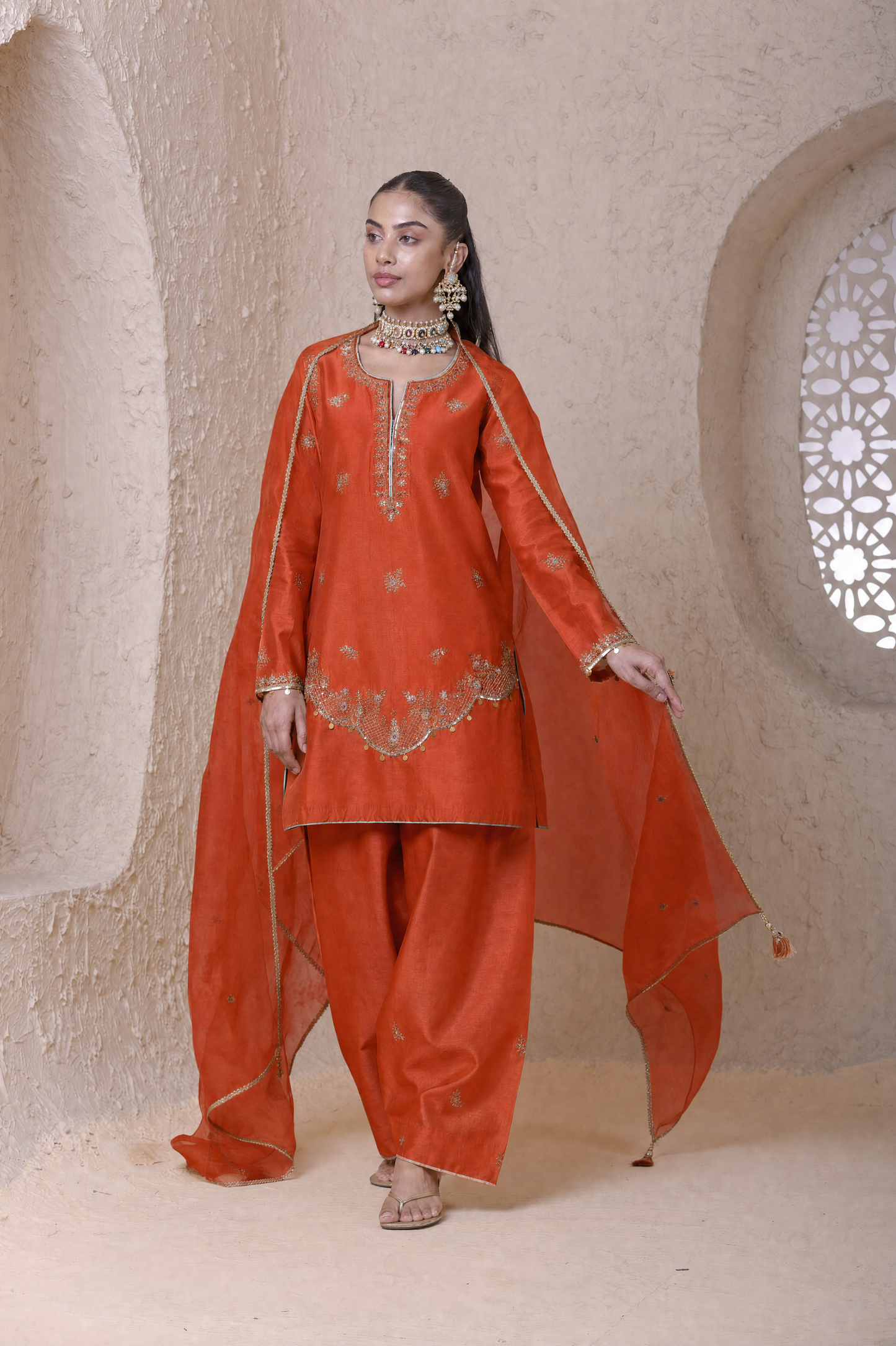 Rangrez Orange Scallop Short Kurta Set