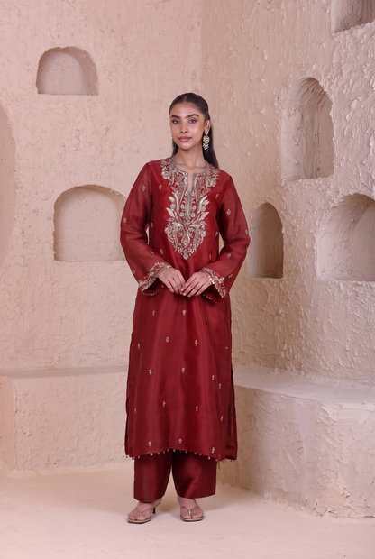 Rangrez Maroon Straight Long Kurta Set