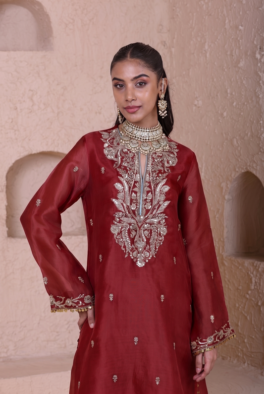 Rangrez Maroon Straight Long Kurta Set