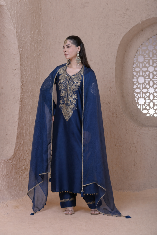 Rangrez Blue Heavy Neck Long Kurta Set