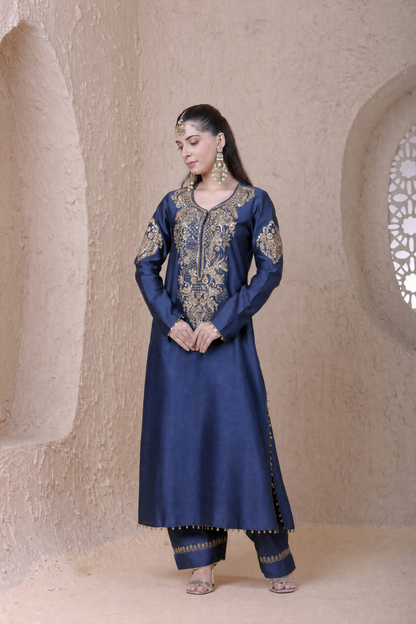 Rangrez Blue Heavy Neck Long Kurta Set