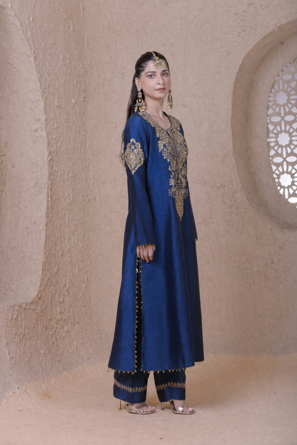 Rangrez Blue Heavy Neck Long Kurta Set