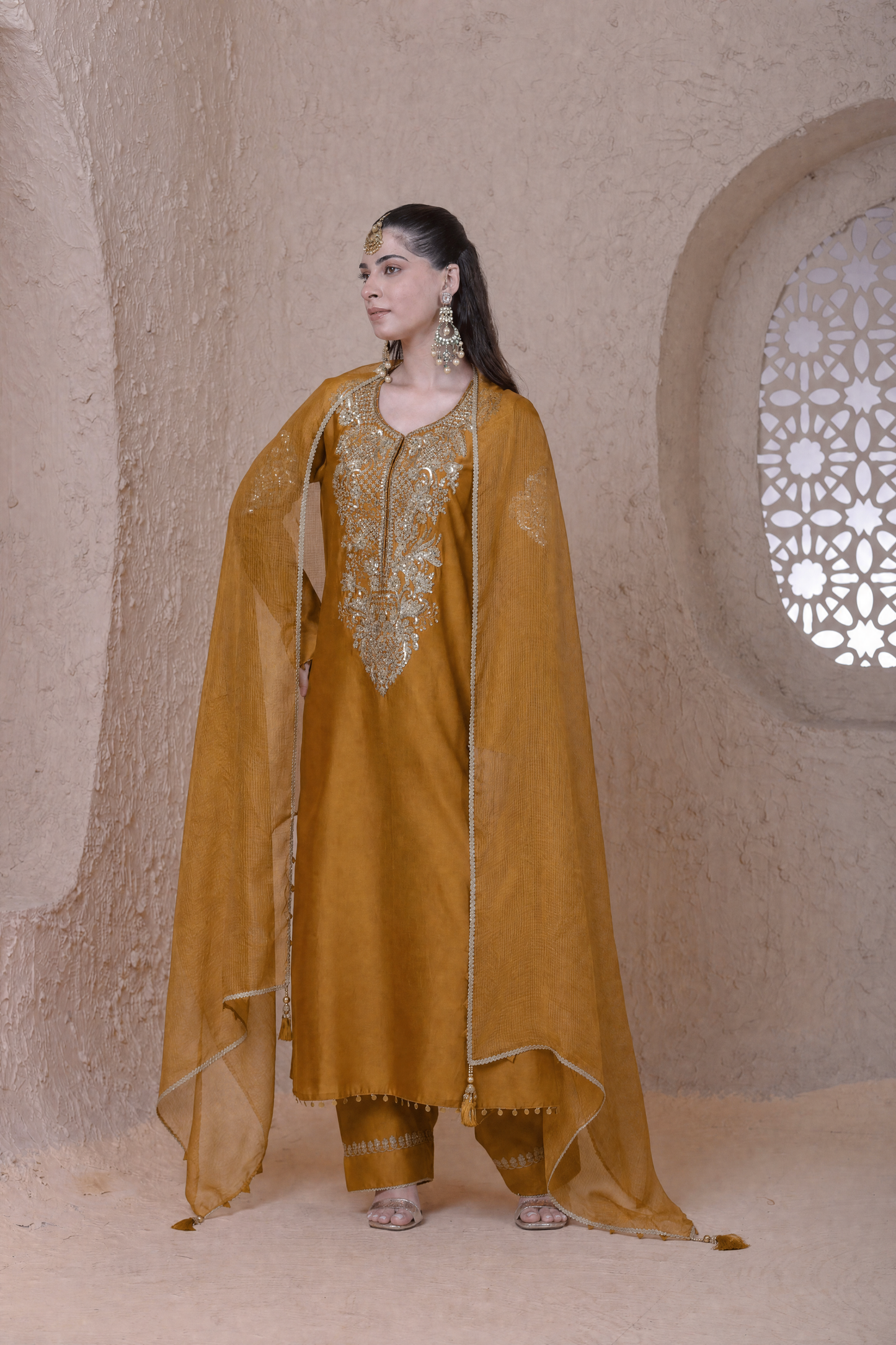 Rangrez  Mustard Heavy Neck Long Kurta Set