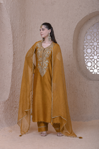 Rangrez  Mustard Heavy Neck Long Kurta Set