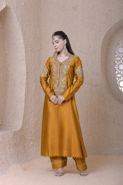 Rangrez  Mustard Heavy Neck Long Kurta Set