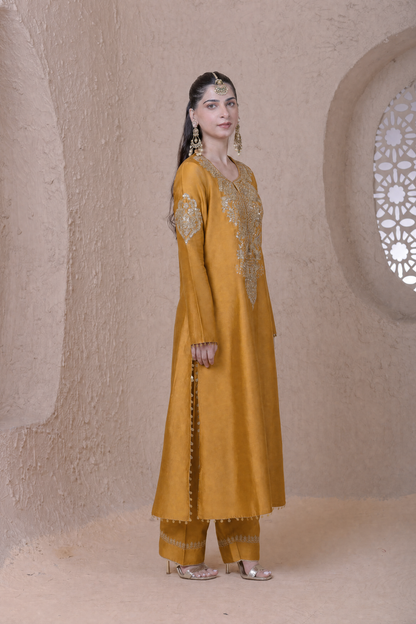 Rangrez  Mustard Heavy Neck Long Kurta Set