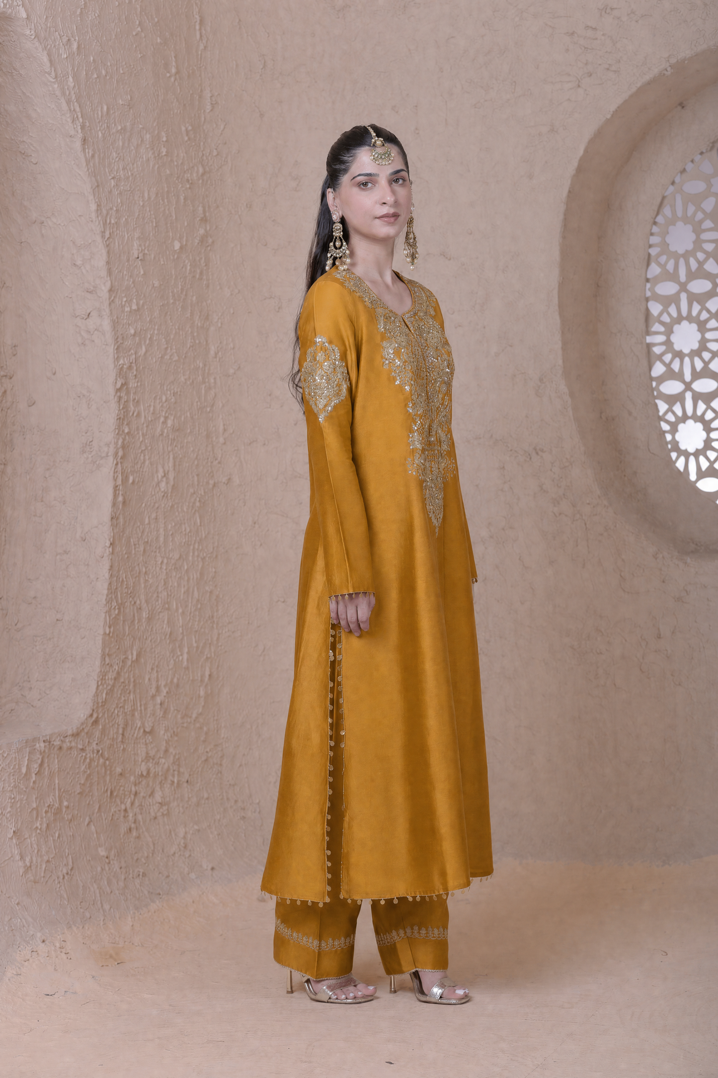 Rangrez  Mustard Heavy Neck Long Kurta Set