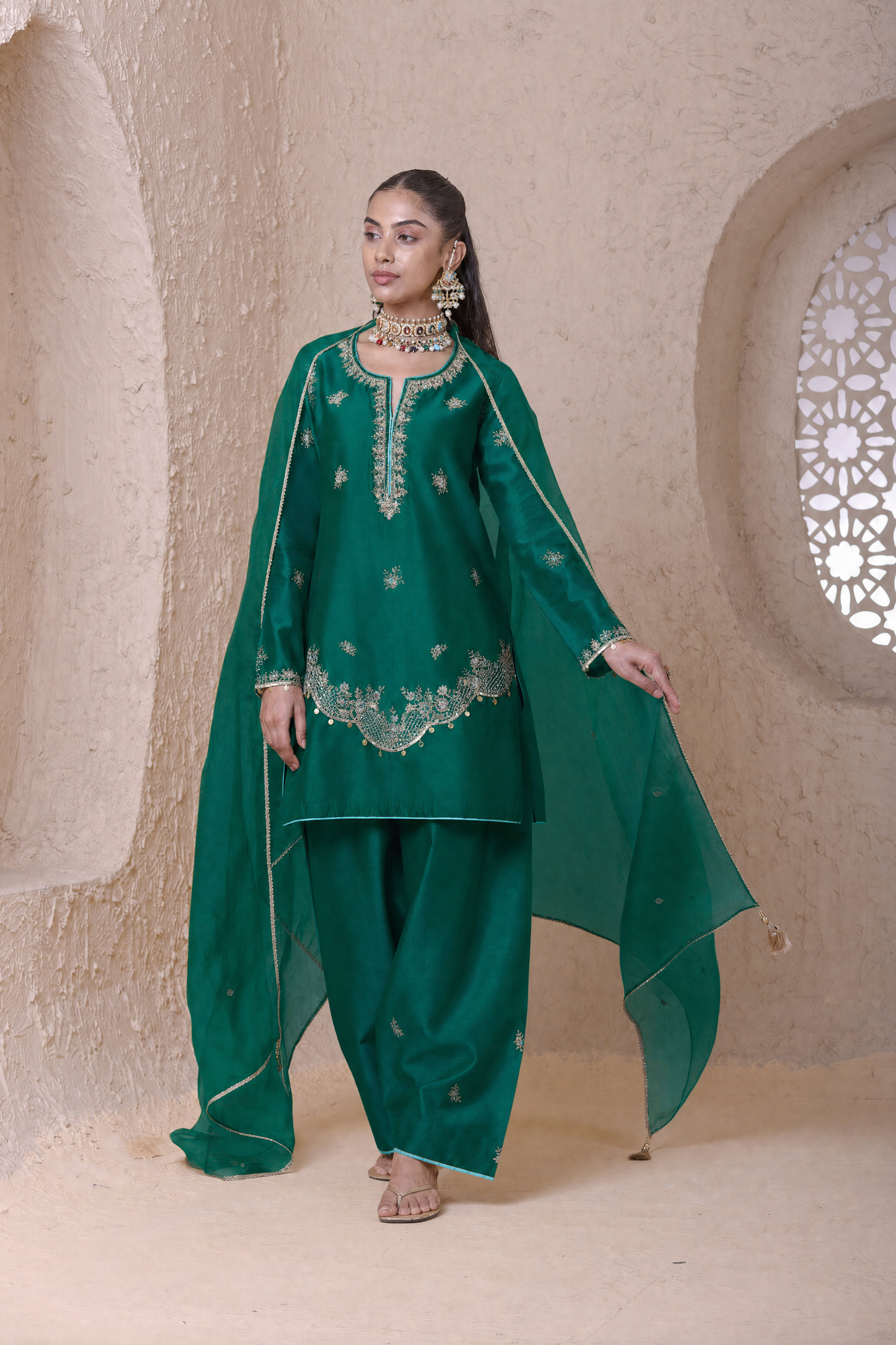 Rangrez  Green Scallop Short Kurta Set
