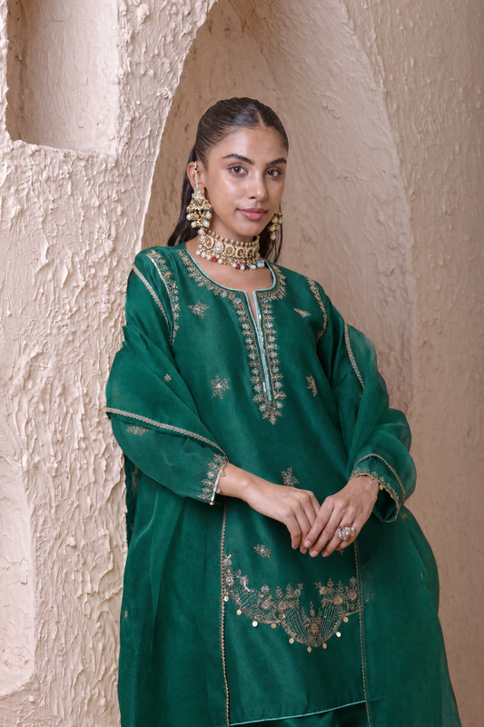 Rangrez  Green Scallop Short Kurta Set