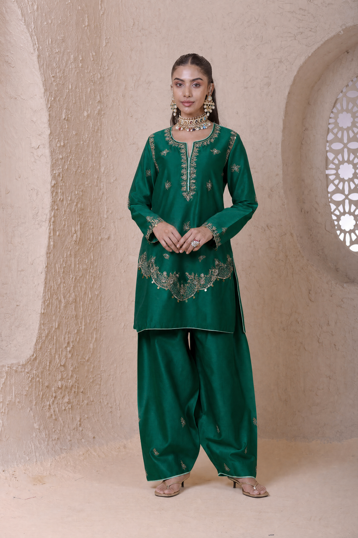 Rangrez  Green Scallop Short Kurta Set