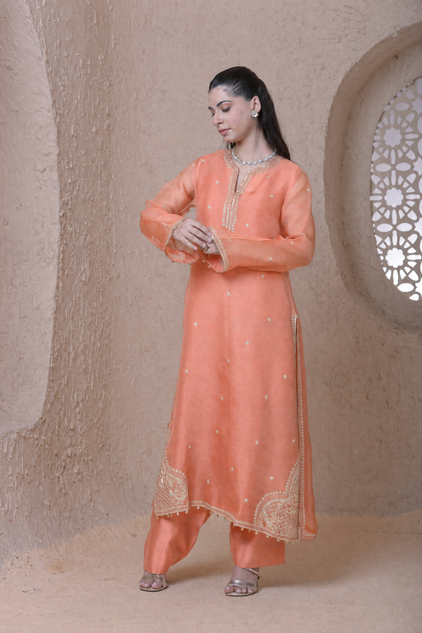 Rangrez Peach Farshi Kurta Set