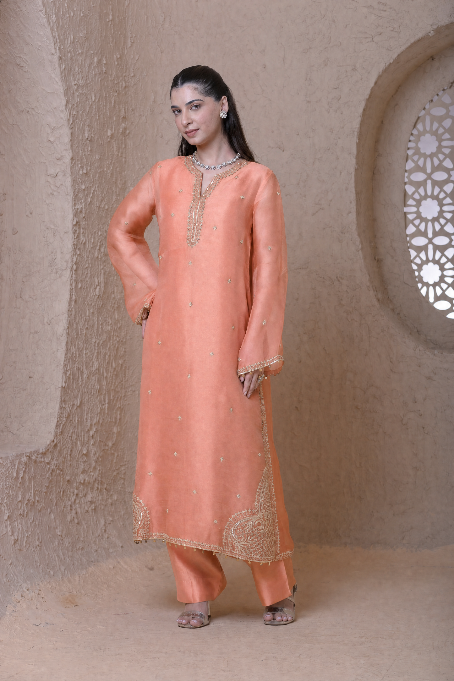 Rangrez Peach Farshi Kurta Set