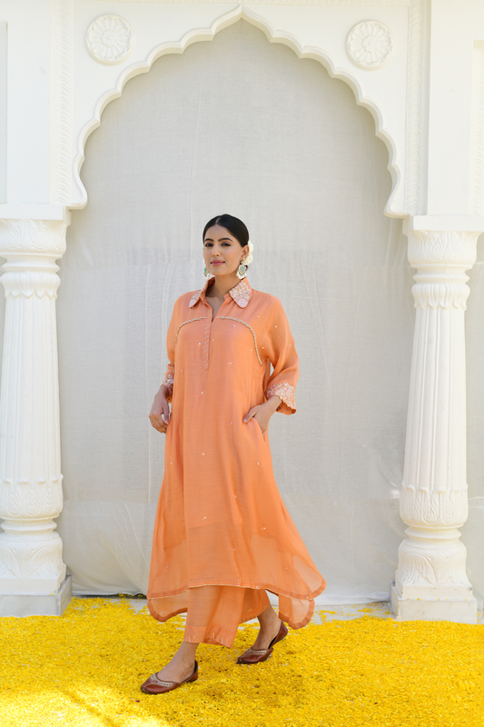Peach Roselyn Collar Embroidery Kurta Set