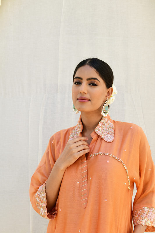 Peach Roselyn Collar Embroidery Kurta Set