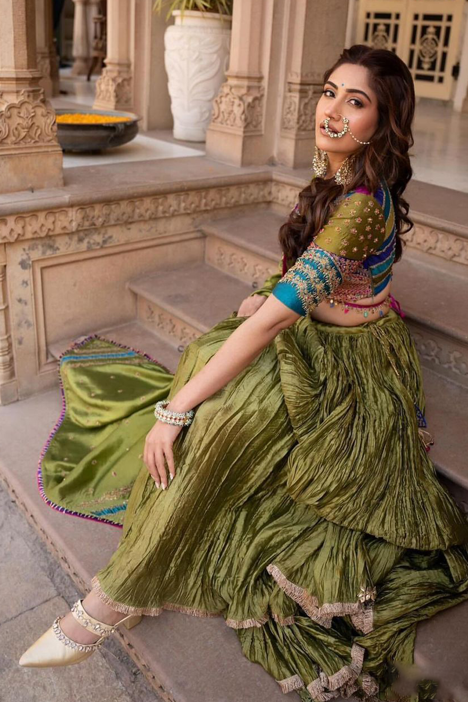Multi Colour Bird Embroidered Crushed Lehenga
