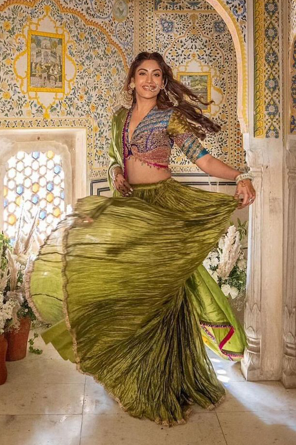 Multi Colour Bird Embroidered Crushed Lehenga
